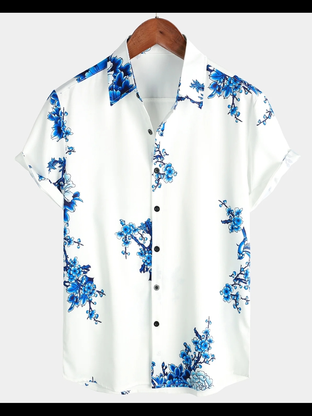 Men's White & Blue Floral Short-Sleeve Button-Down Shirt Size 2XL